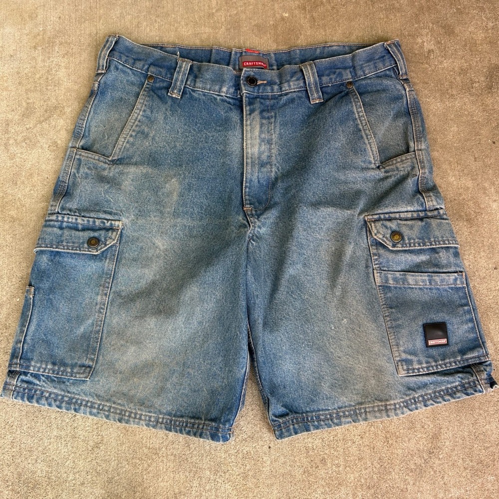 Craftsman Cargo Denim Shorts 36 Blue Vintage Y2K Baggy Workwear Skater Carpenter - Picture 2 of 6